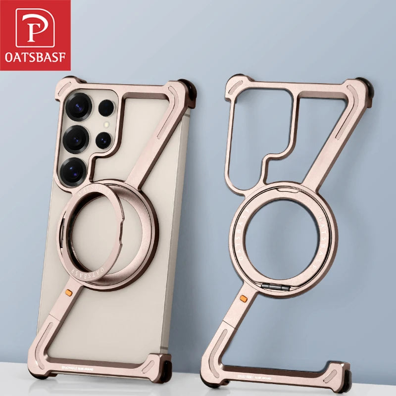 Oatsbasf Metal Frameless Phone Case for Samsung Galaxy S25 S24 Ultra with Stand 360° Rotation Magsafe Bumper Protective Cover