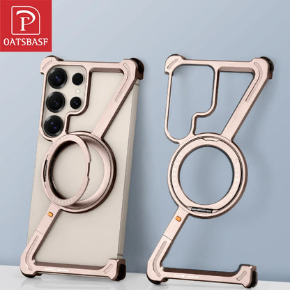 Oatsbasf Metal Frameless Phone Case for Samsung Galaxy S25 S24 Ultra with Stand 360° Rotation Magsafe Bumper Protective Cover
